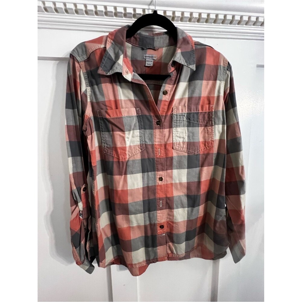 Women’s Fairview Carhartt button up down shirt medium size m pink check plaid